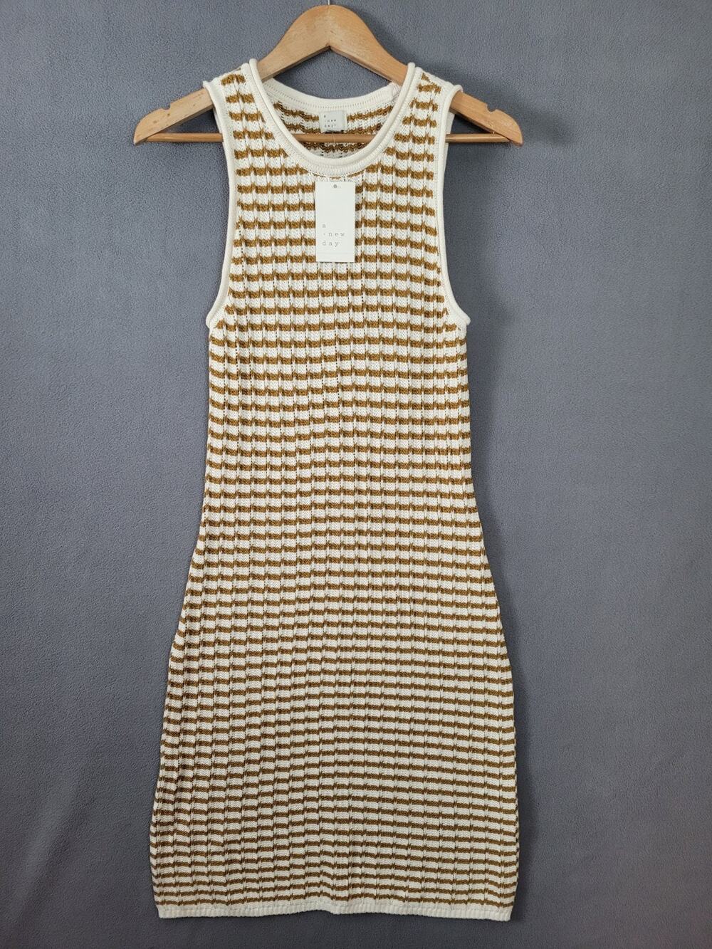 A New Day Womens Knit Sweater Dress Brown Striped Sleeveless Crew Neck Medium